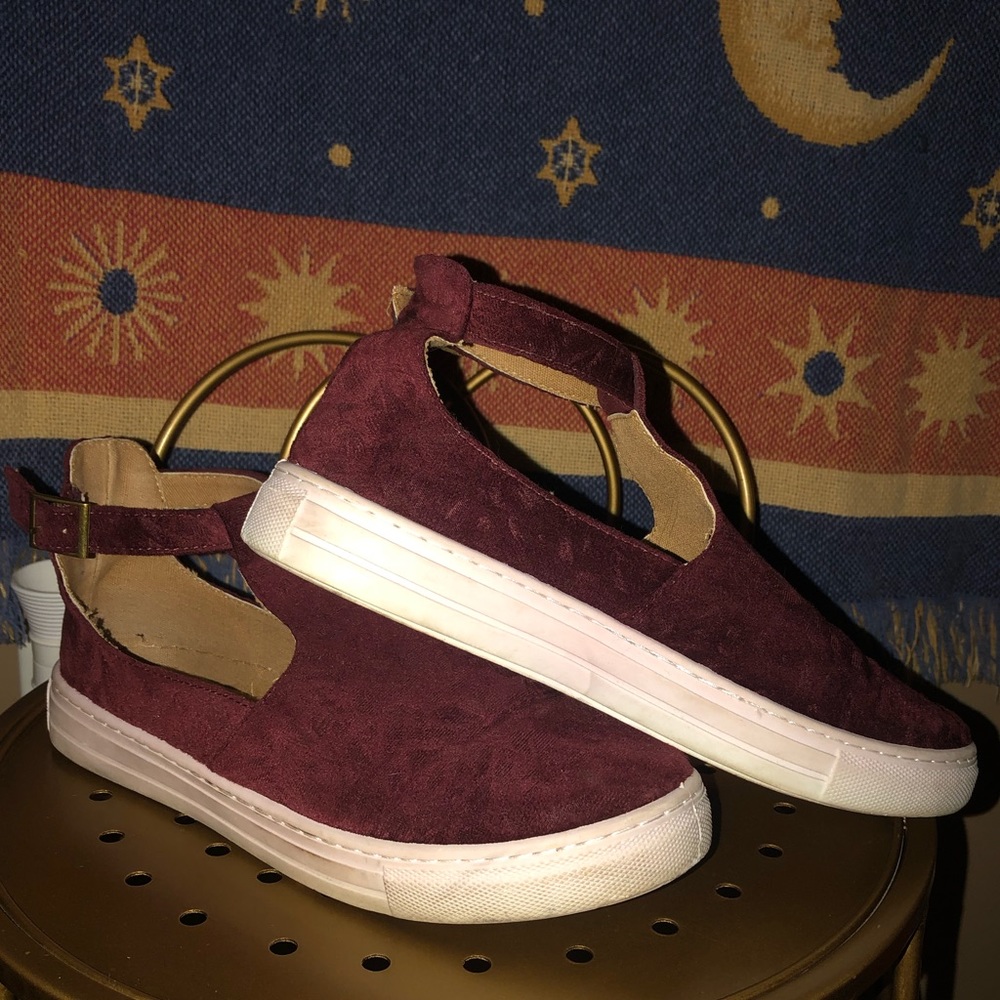 Burgundy Faux Suede Buckle Shoes